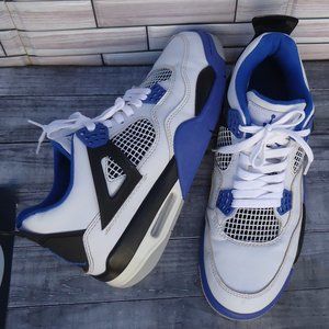 SIZE 8.5. NIKE Air Jordan 4 retro motorsport white royal blue sneakers shoes.